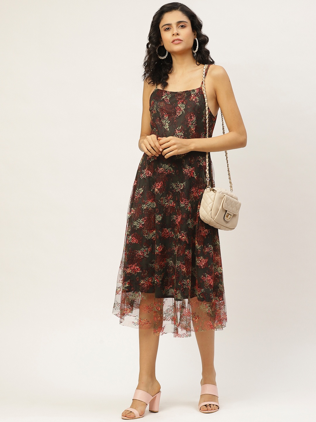 

WISSTLER Women Black & Maroon Floral Print Net Fit & Flare Dress