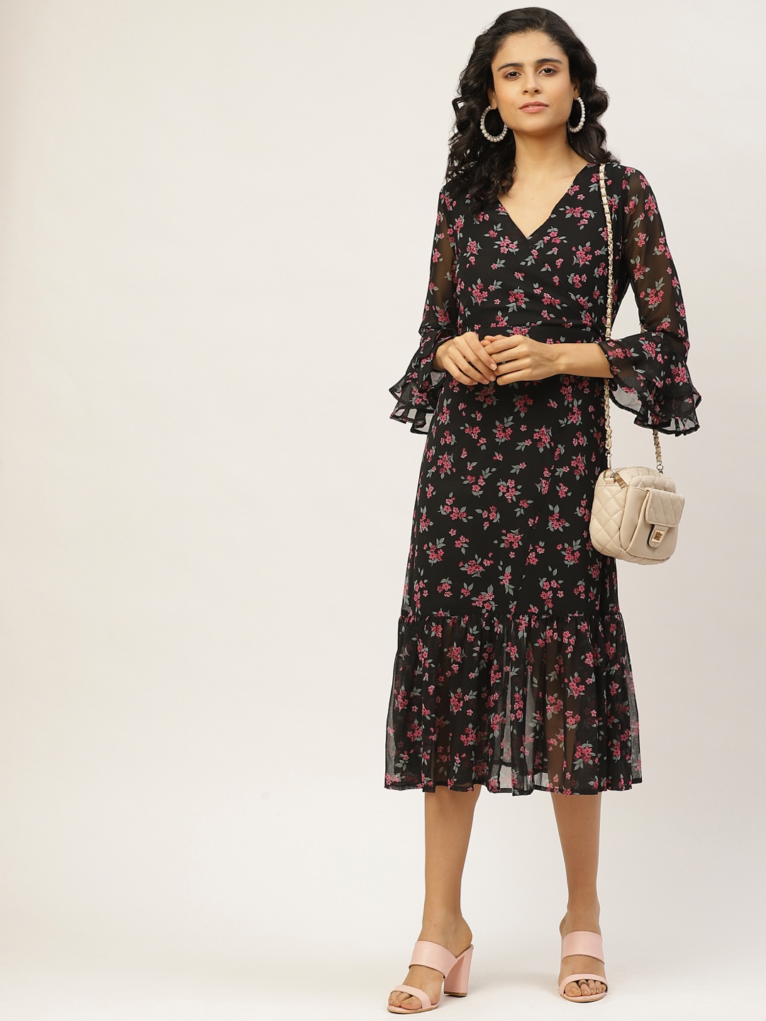 

WISSTLER Women Black & Pink Floral Printed Wrap Dress