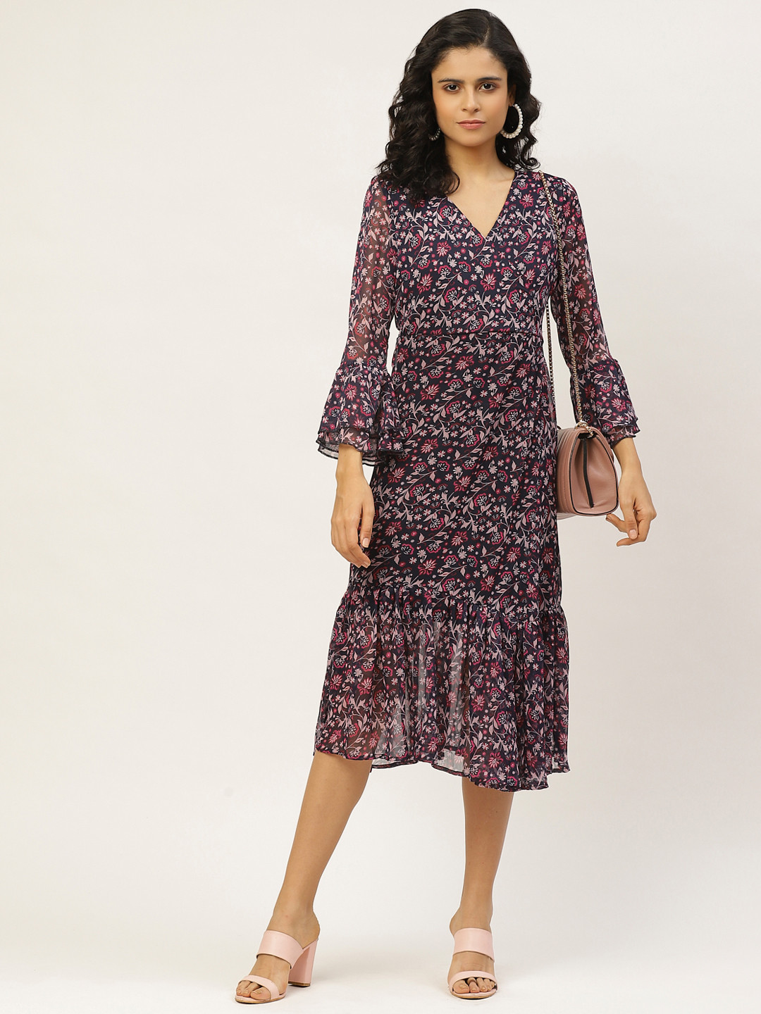 

WISSTLER Women Navy Blue & Pink Ethnic Printed Wrap Dress