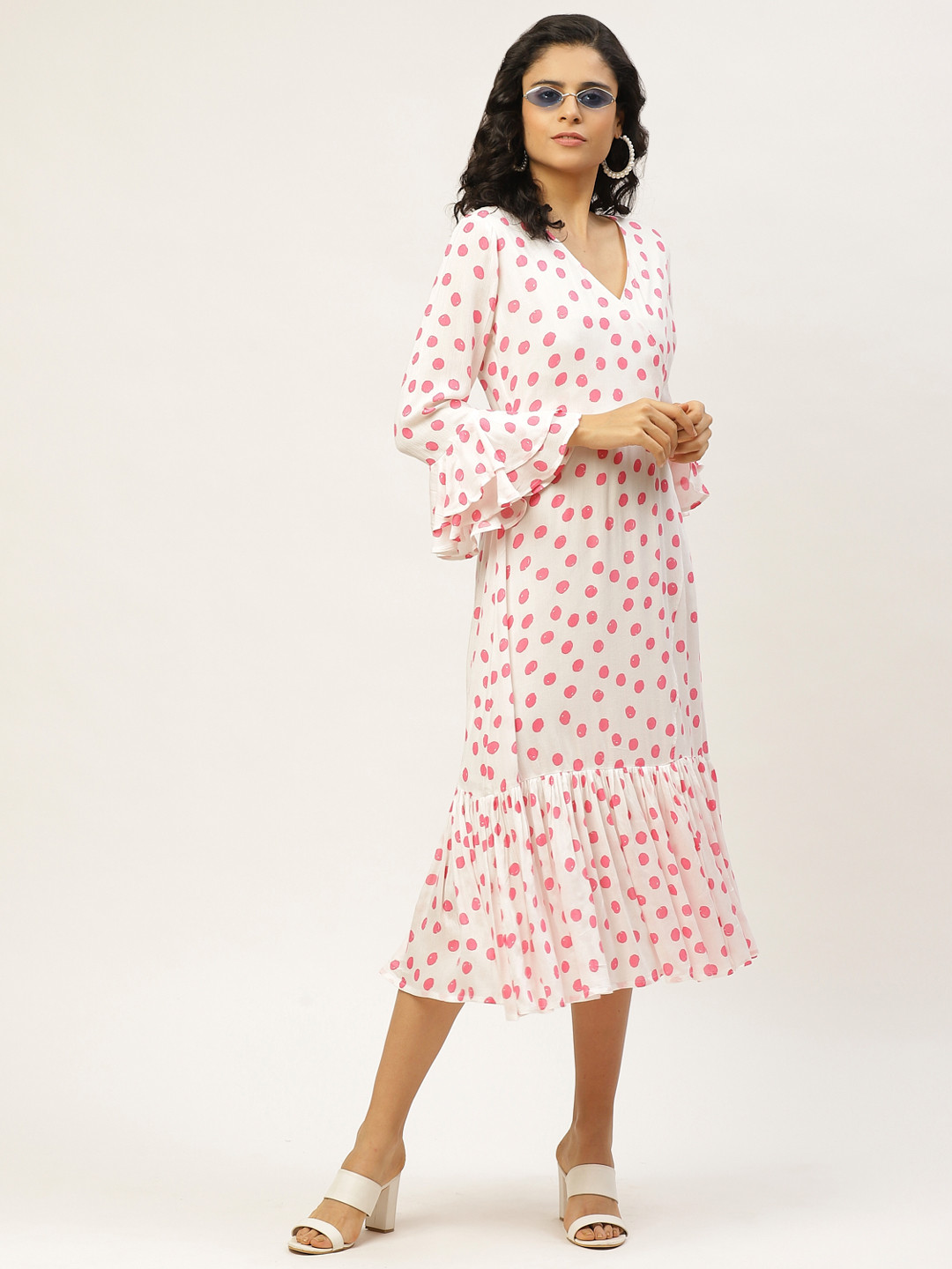 

WISSTLER Women White & Pink Polka Dot Print Midi Wrap Dress