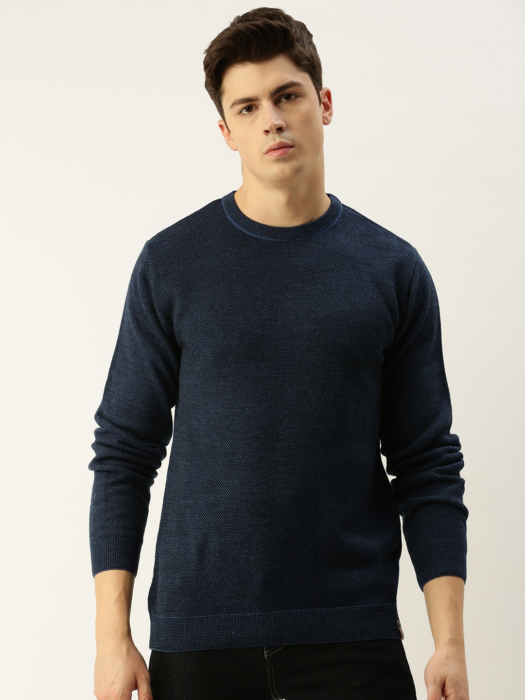

Peter England Men Navy Blue Self Design Pullover Sweater