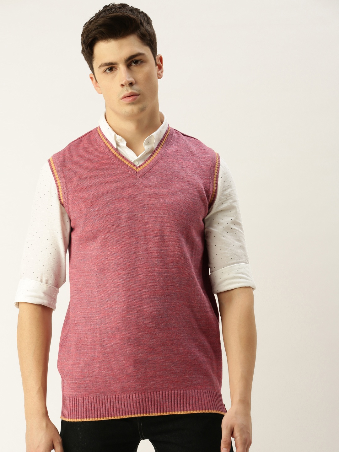 

Peter England Men Pink Solid Vest Sweater