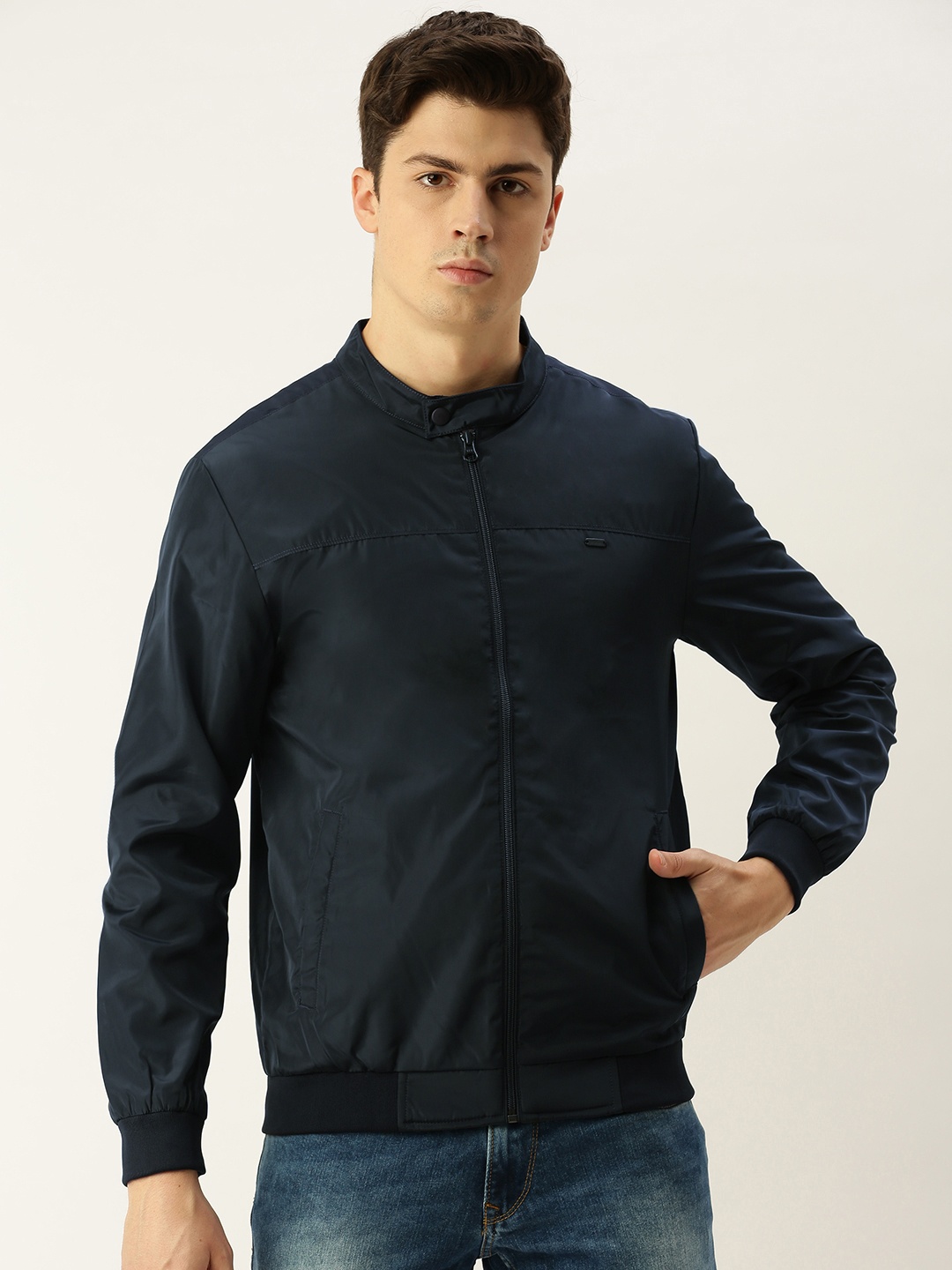 Peter England Men Navy Blue Solid Bomber Jacket - buy at the price of ...