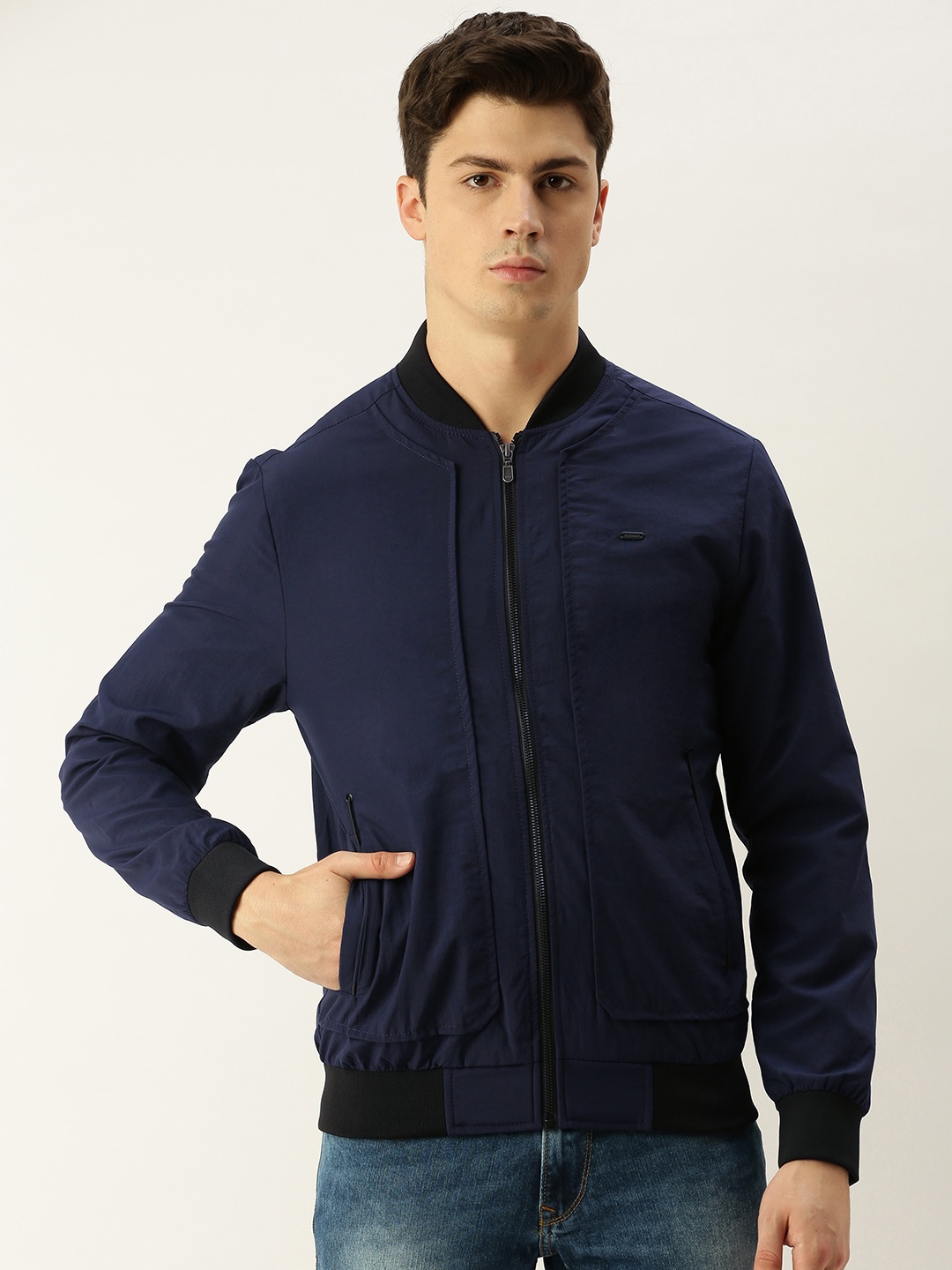 

Peter England Men Navy Blue Solid Bomber Jacket