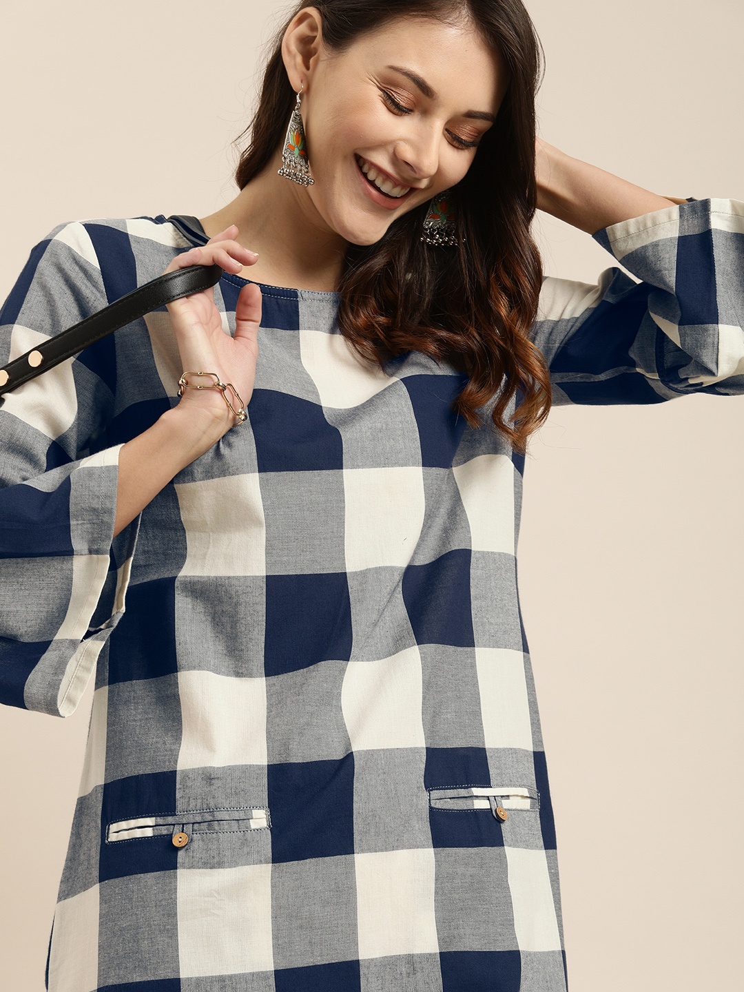 

Taavi Women Navy Blue & White Woven Legacy Checked A-Line Dress with Pockets