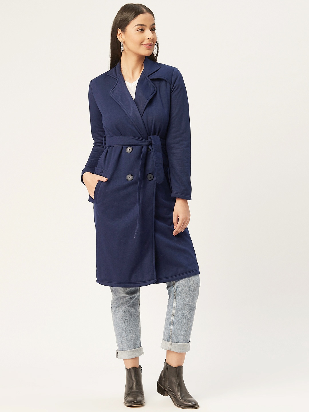 

Alsace Lorraine Paris Women Navy Blue Solid Double-Breasted Longline Trench Coat