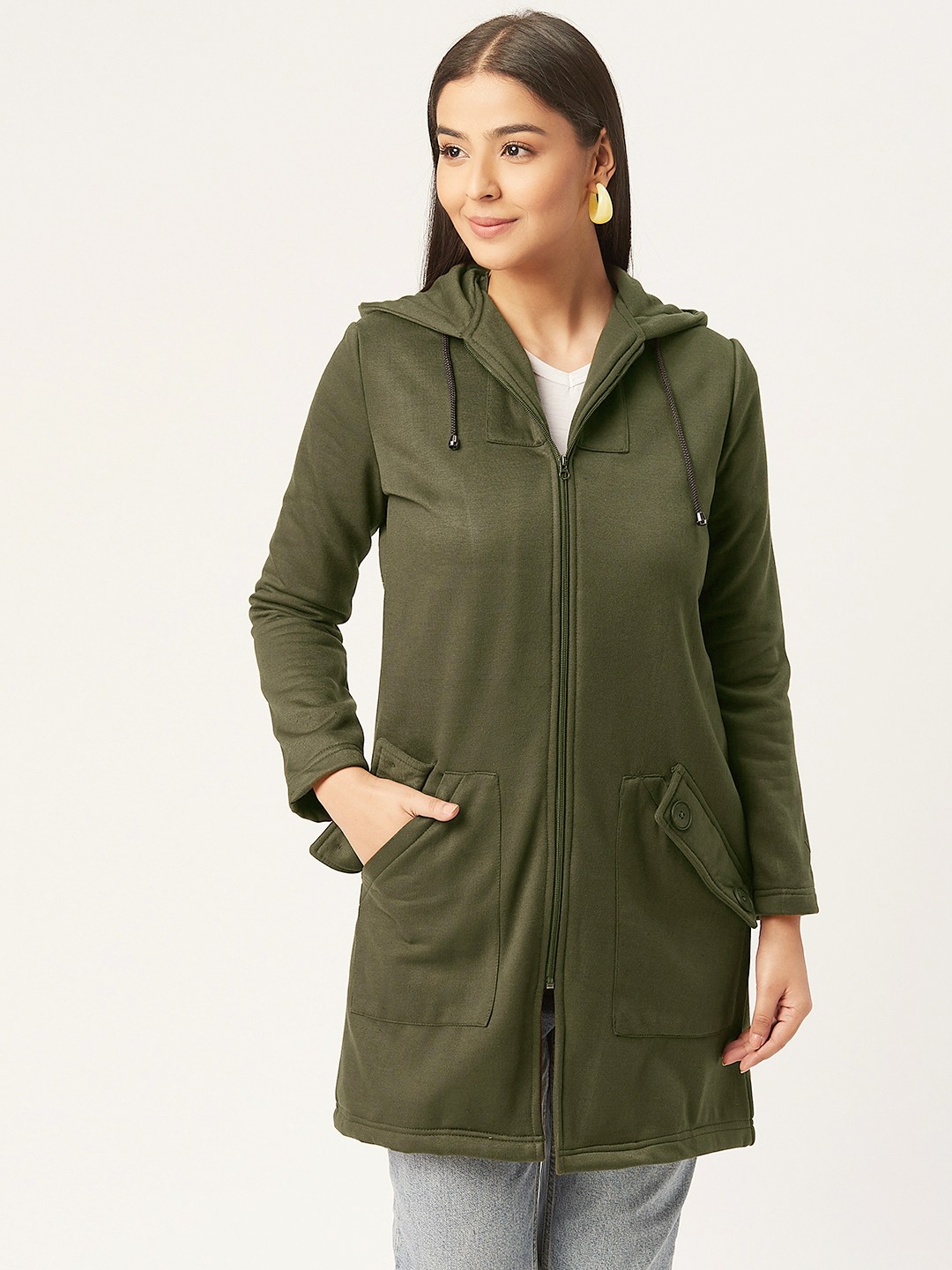 

Alsace Lorraine Paris Women Olive Green Solid Hooded Longline Sweatshirt