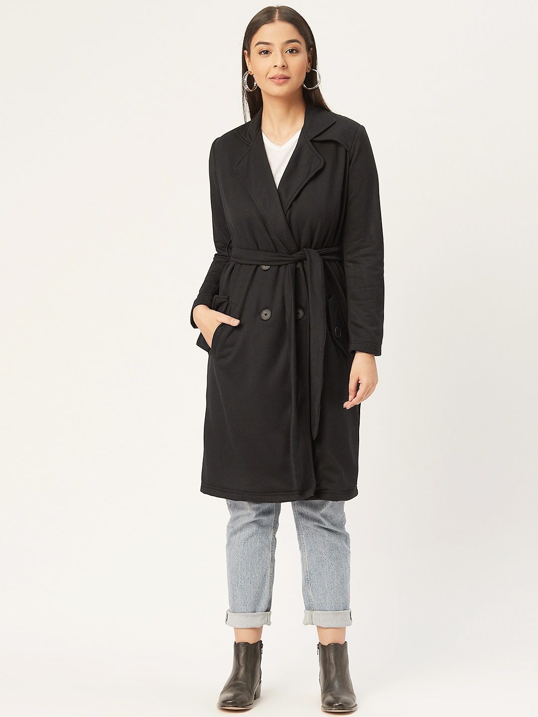 

Alsace Lorraine Paris Women Black Solid Double-Breasted Longline Trench Coat