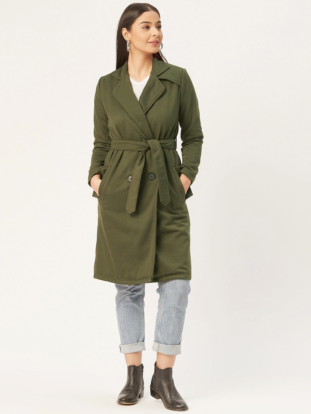 

Alsace Lorraine Paris Women Olive Green Solid Double-Breasted Trench Coat
