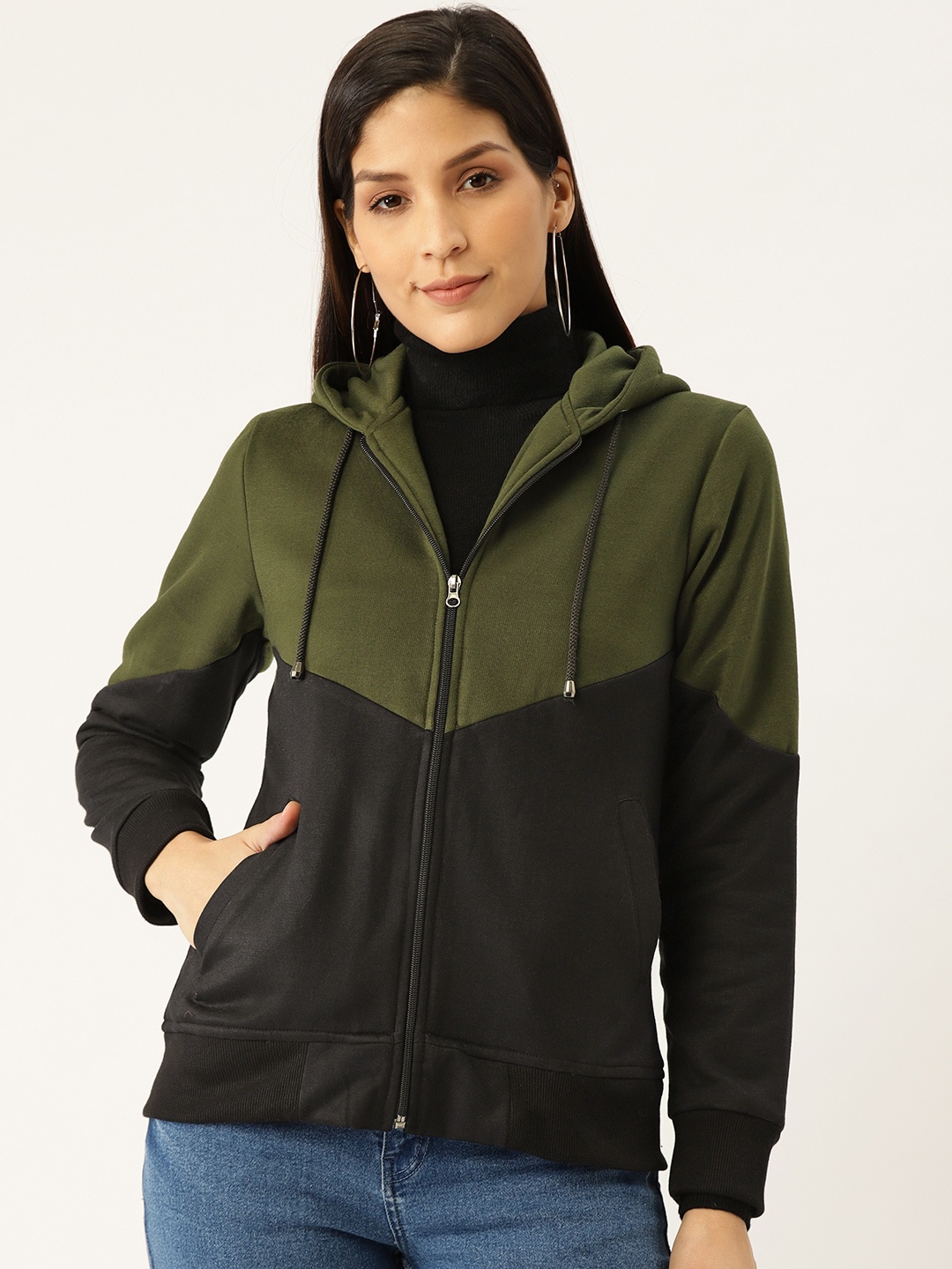 

Alsace Lorraine Paris Women Olive Green & Black Colourblocked Hooded Sweatshirt