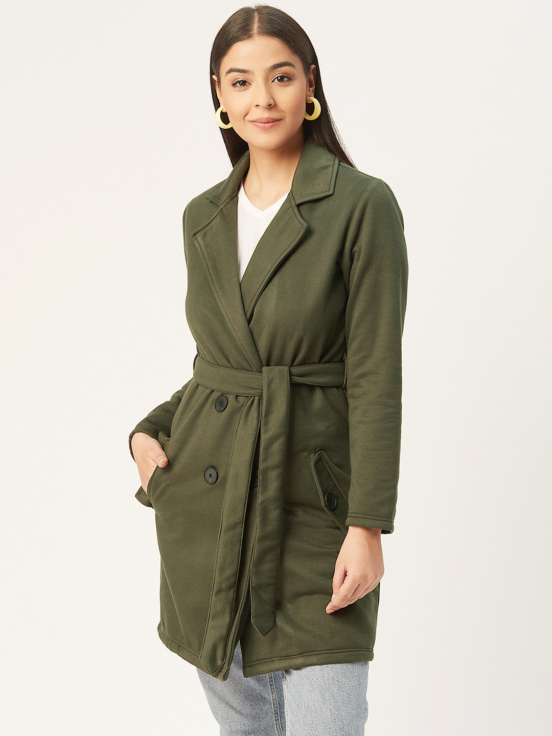 

Alsace Lorraine Paris Women Olive Green Solid Double-Breasted Overcoat