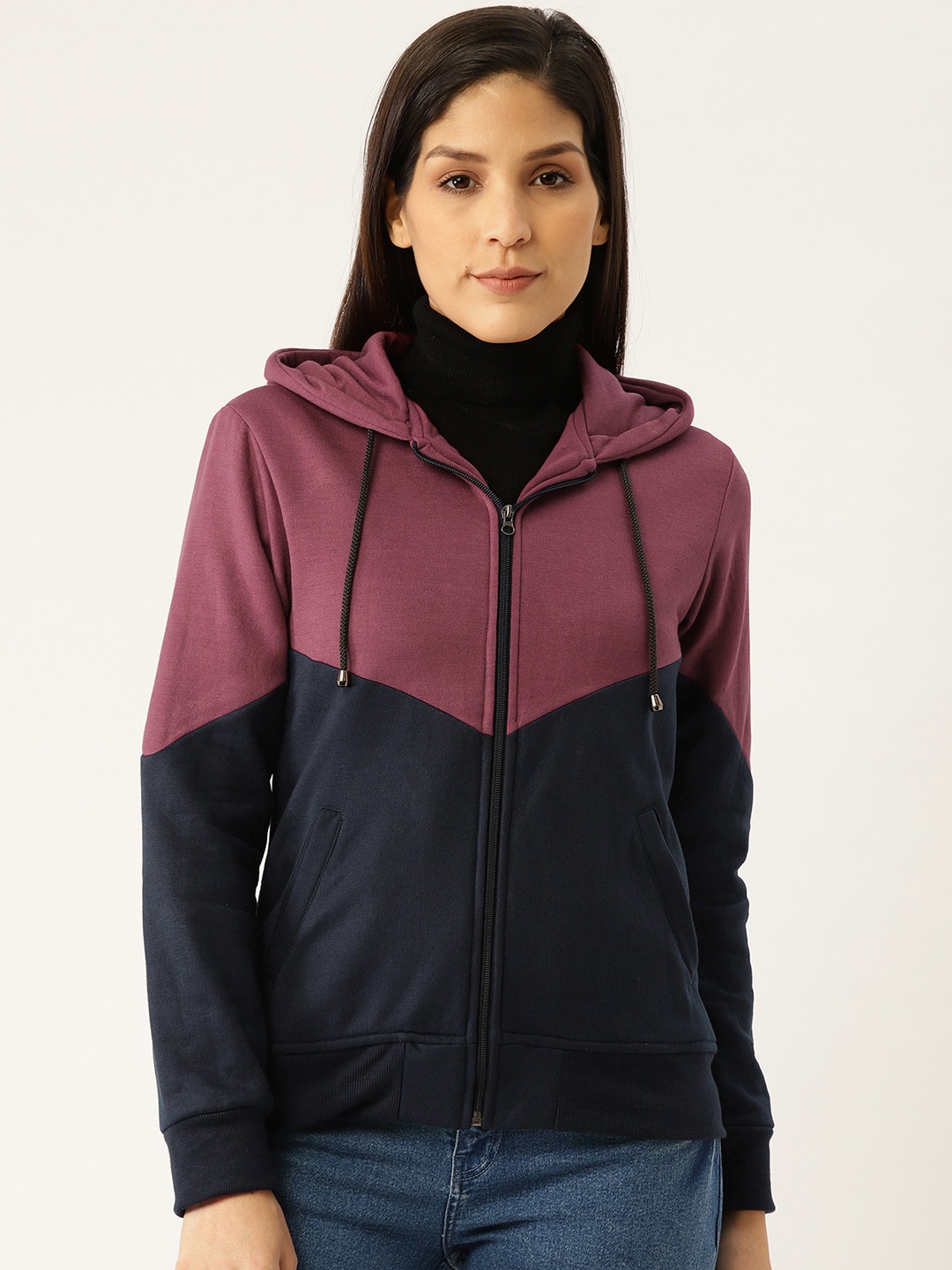 

Alsace Lorraine Paris Women Burgundy & Navy Blue Colourblocked Hooded Sweatshirt