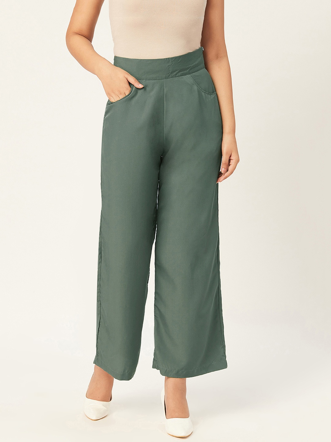 

Alsace Lorraine Paris Women Olive Green High-Rise Regular Fit Solid Bootcut Trousers