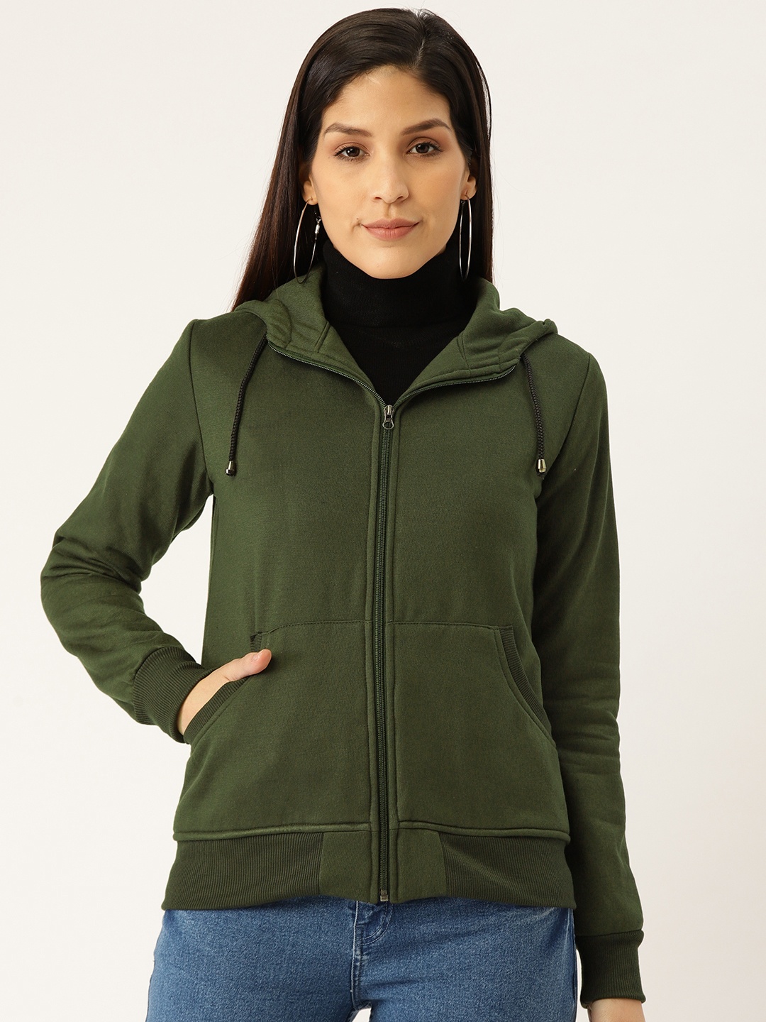 

Alsace Lorraine Paris Women Olive Green Solid Hooded Sweatshirt