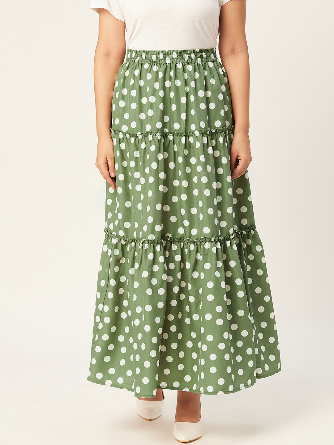 

Alsace Lorraine Paris Women Green & White Polka Dots Printed Maxi Tiered Skirt