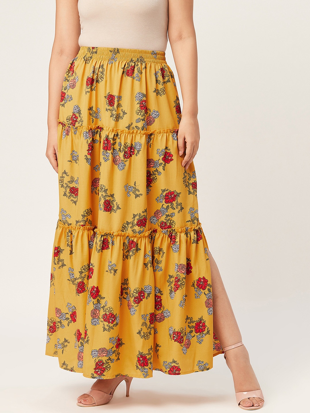 

Alsace Lorraine Paris Women Mustard Yellow & Red Floral Print Maxi Tiered Skirt