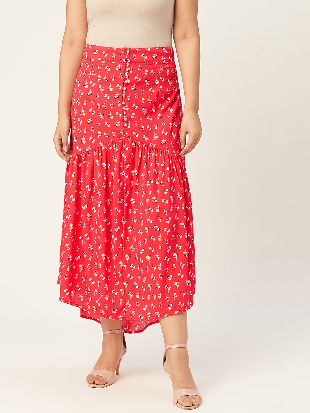 

Alsace Lorraine Paris Women Coral Red & White Floral Printed Maxi A-line Skirt