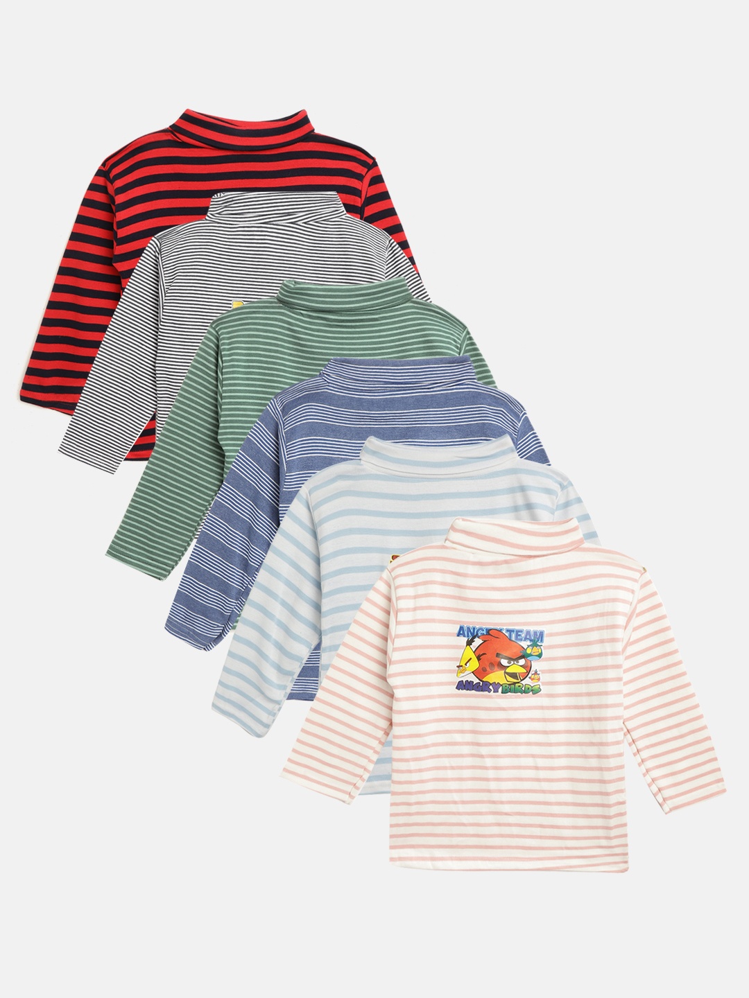 

MANZON Kids Pack of 6 Striped High Neck Pure Cotton T-shirts, Multi
