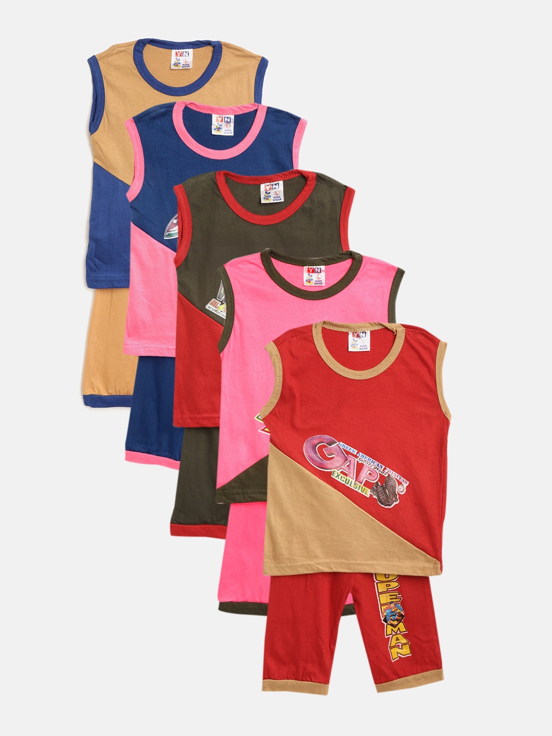 

MANZON Kids Pack of 5 Colourblocked T-shirts with Pyjamas, Multi