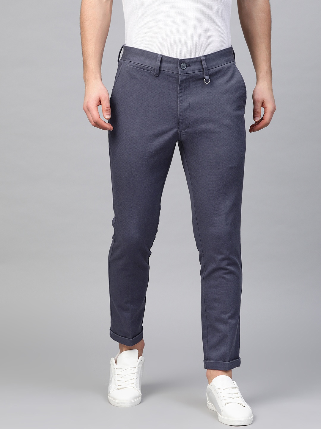 

Marks & Spencer Men Navy Blue Slim Fit Self Design Regular Trousers