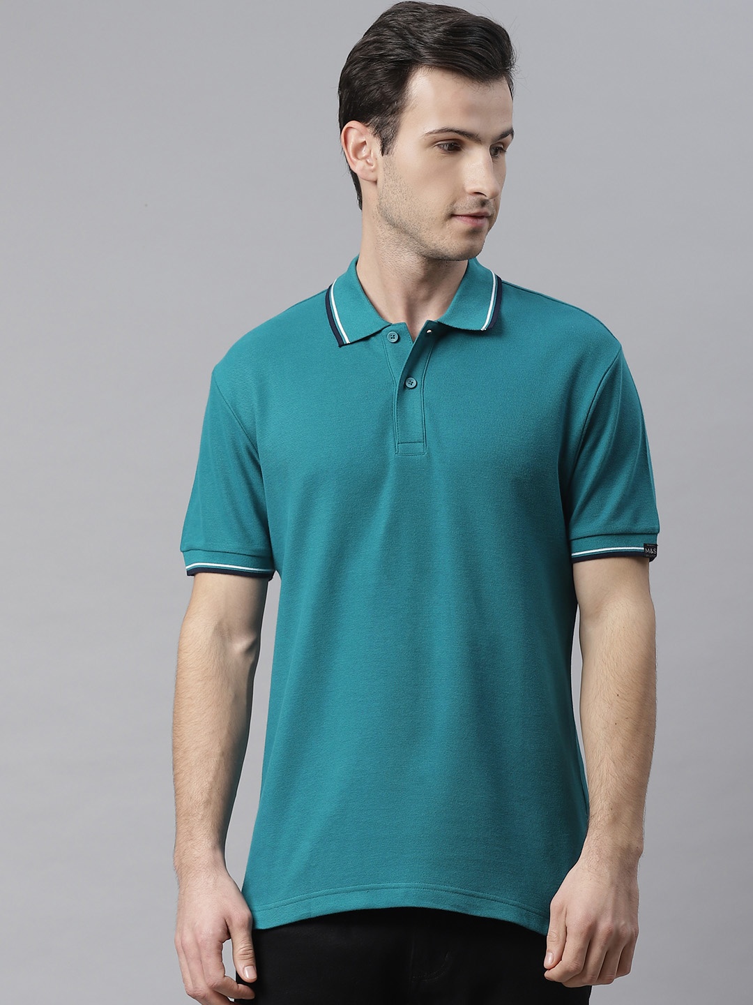 

Marks Spencer Men Teal Blue Solid Polo Collar Pure Cotton T-shirt