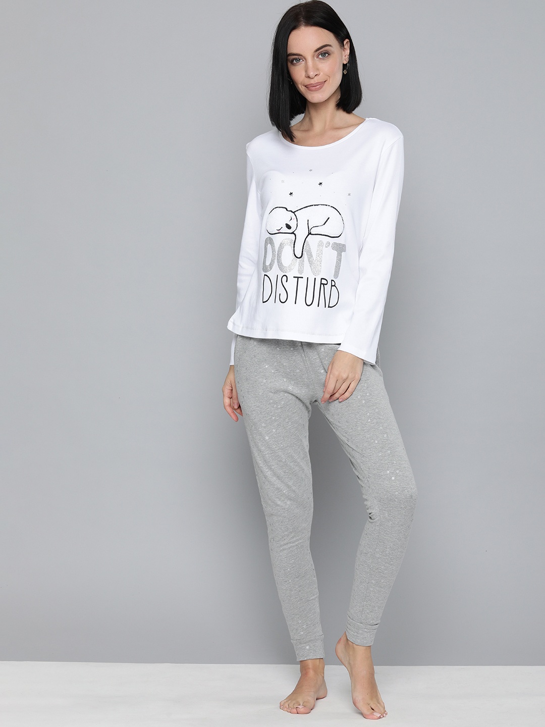 

HERE&NOW Women White & Grey Melange Printed Night suit