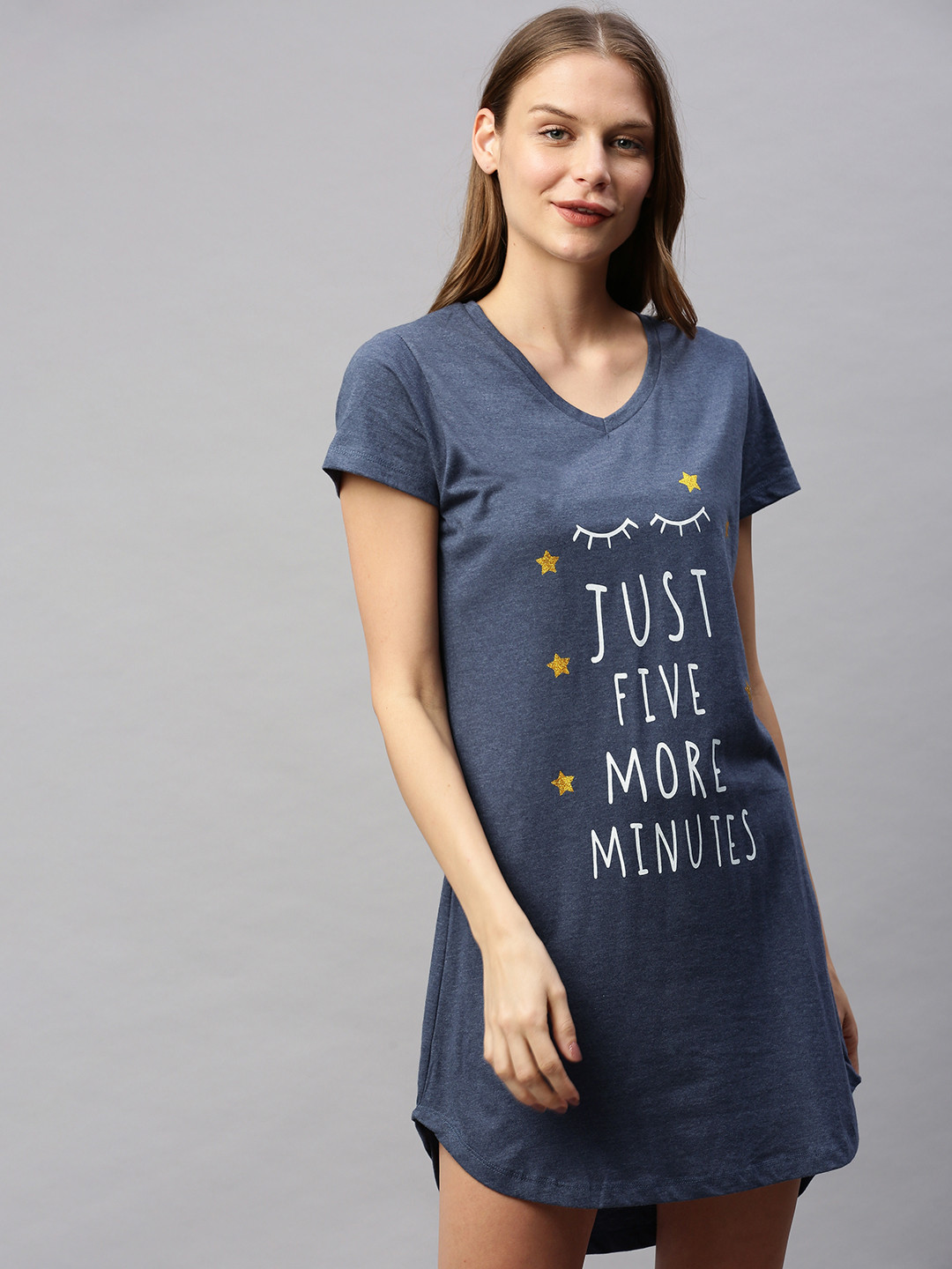 

HERE&NOW Navy Blue Melange Printed Sleep Shirt