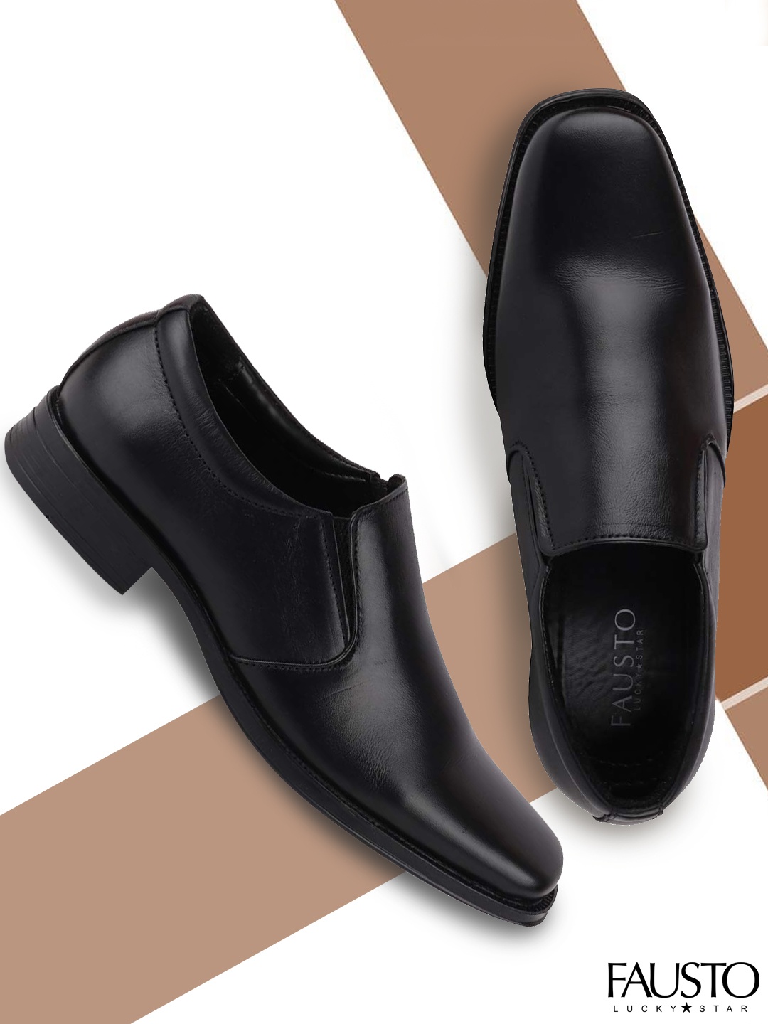 FAUSTO Men Black Solid Shock Absorber Sole Leather Formal Slip-Ons