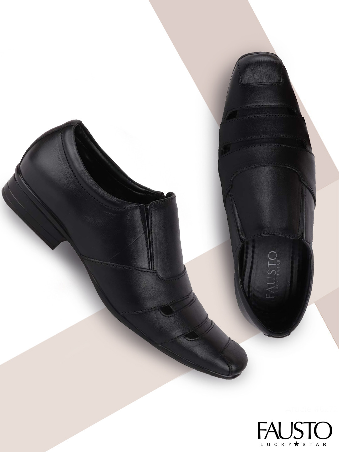 

FAUSTO Men Black Leather Formal Slip-Ons