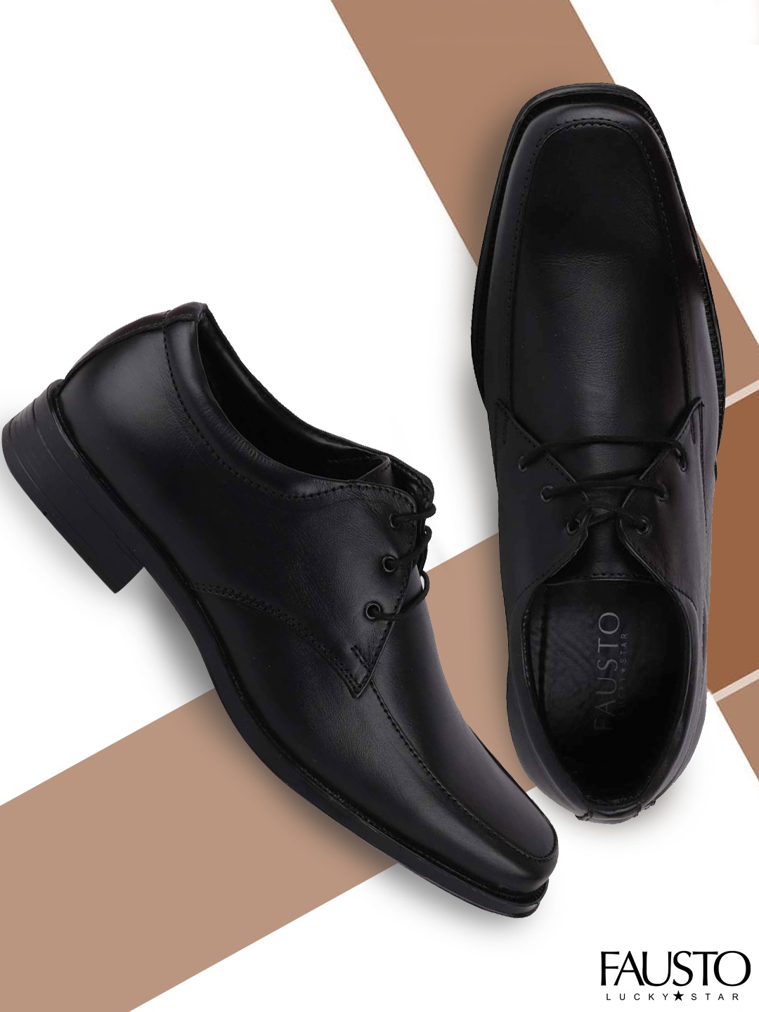 

FAUSTO Men Black Solid Leather Formal Derbys