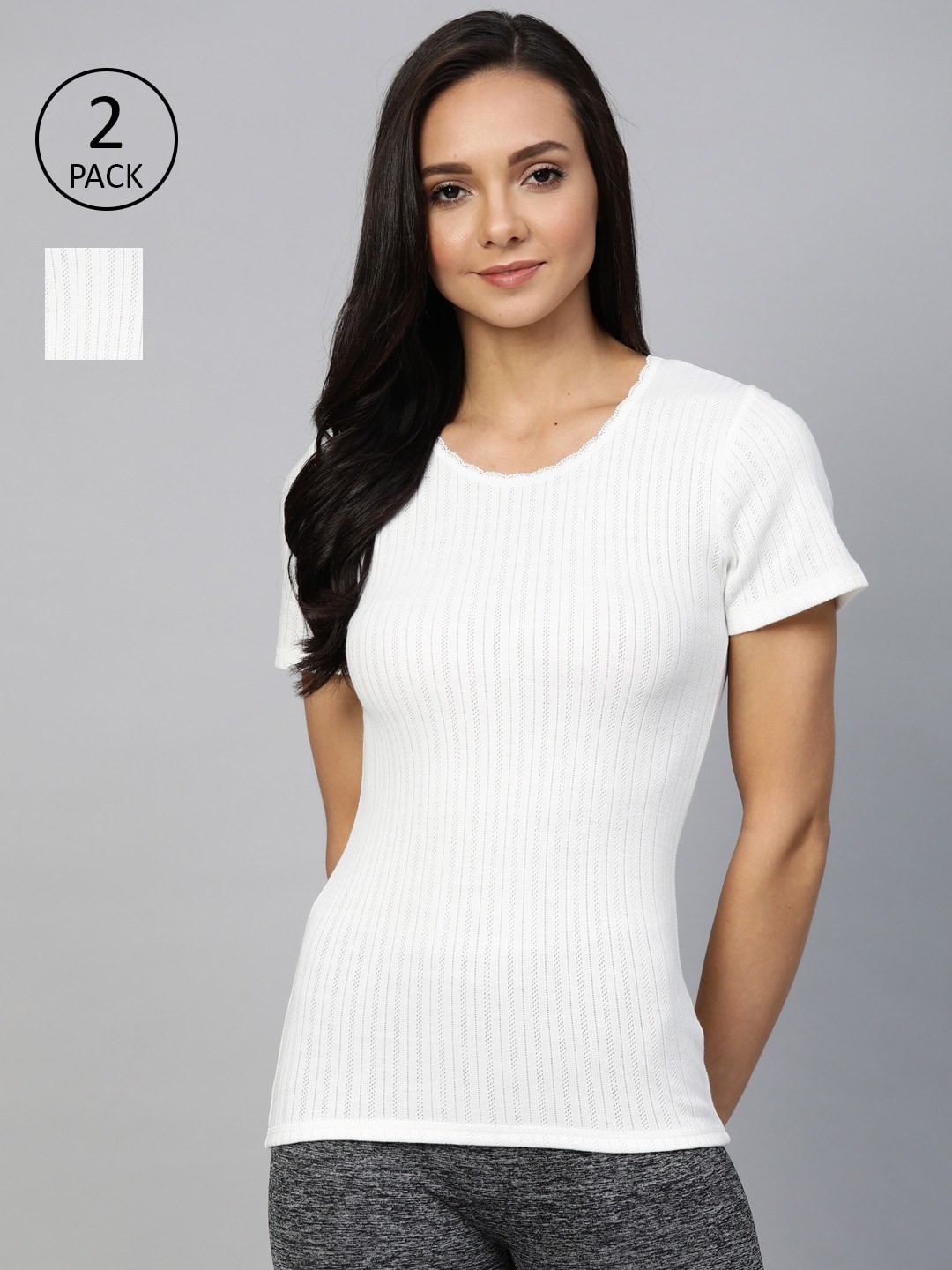 

Marks & Spencer Women Off-White Pack of 2 Self-Striped Thermal Tops