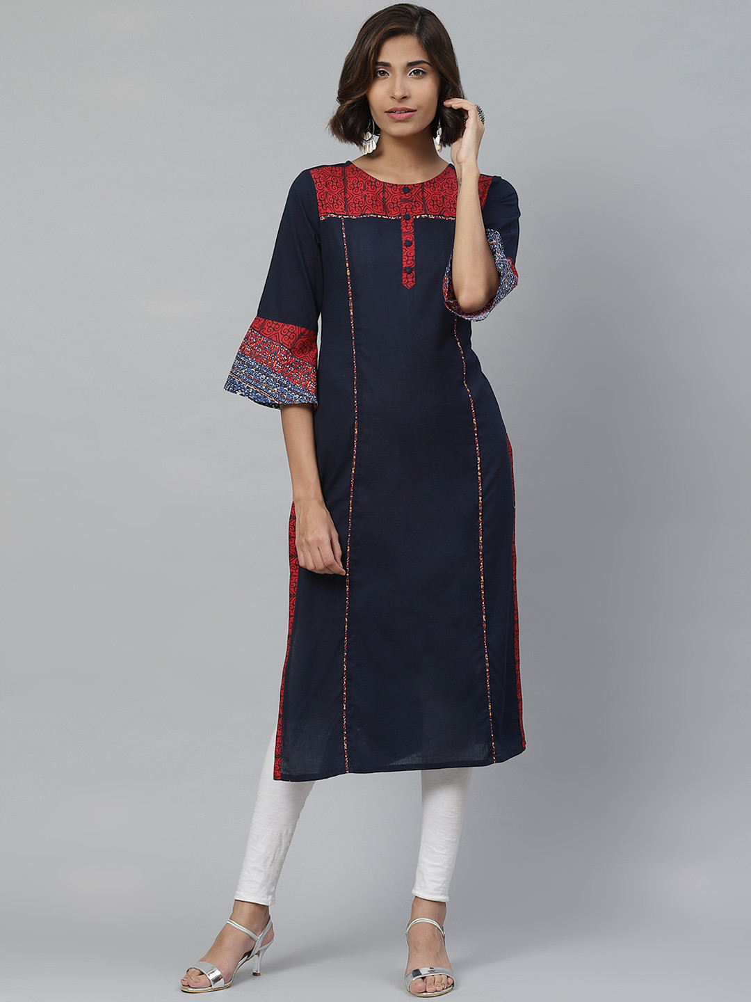 

YASH GALLERY Women Navy Blue & Red Yoke Design Straight Kurta