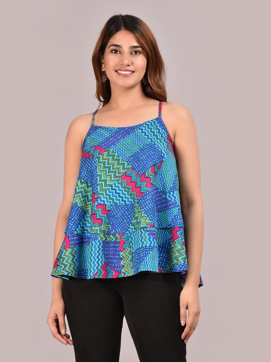 

YASH GALLERY Women Blue & Pink Printed A-Line Top