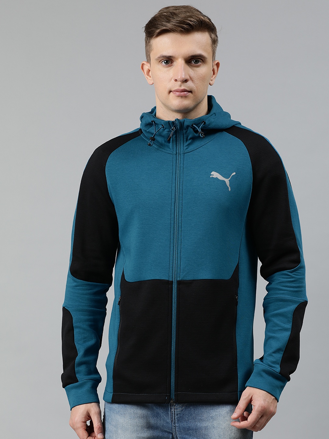 

Puma Men Teal Blue & Black Dry Cell Colourblocked EVOSTRIPE FZ Hoodie Track Jacket