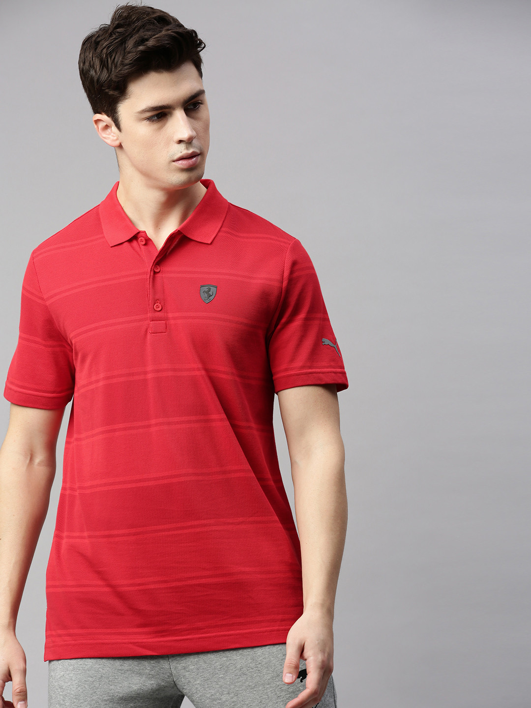 

PUMA Motorsport Men Red Striped Ferrari Style Polo Collar Motorsports T-shirt