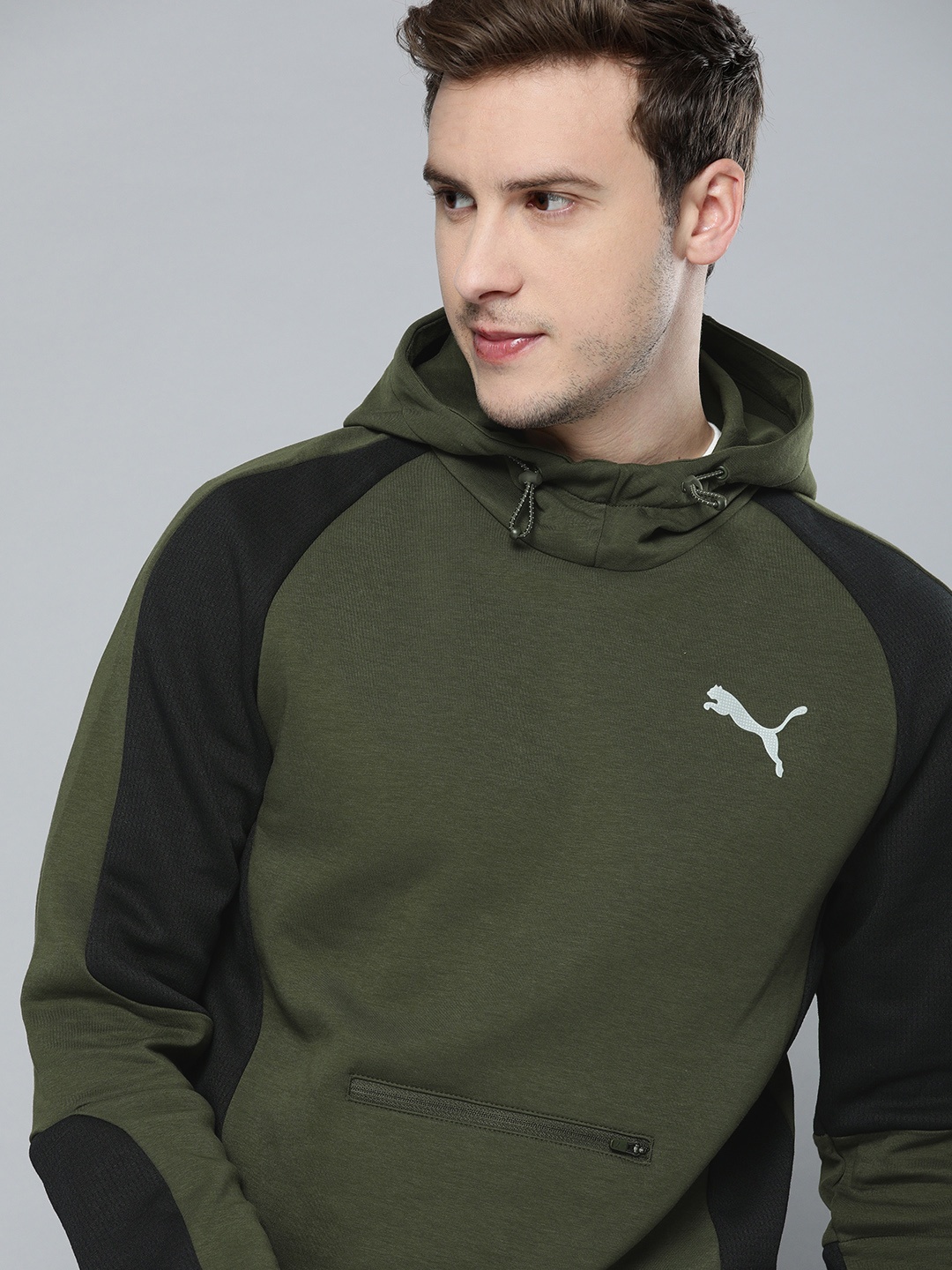

Puma Men Olive Green Slim Fit EVOSTRIPE dryCELL Hooded Sweatshirt