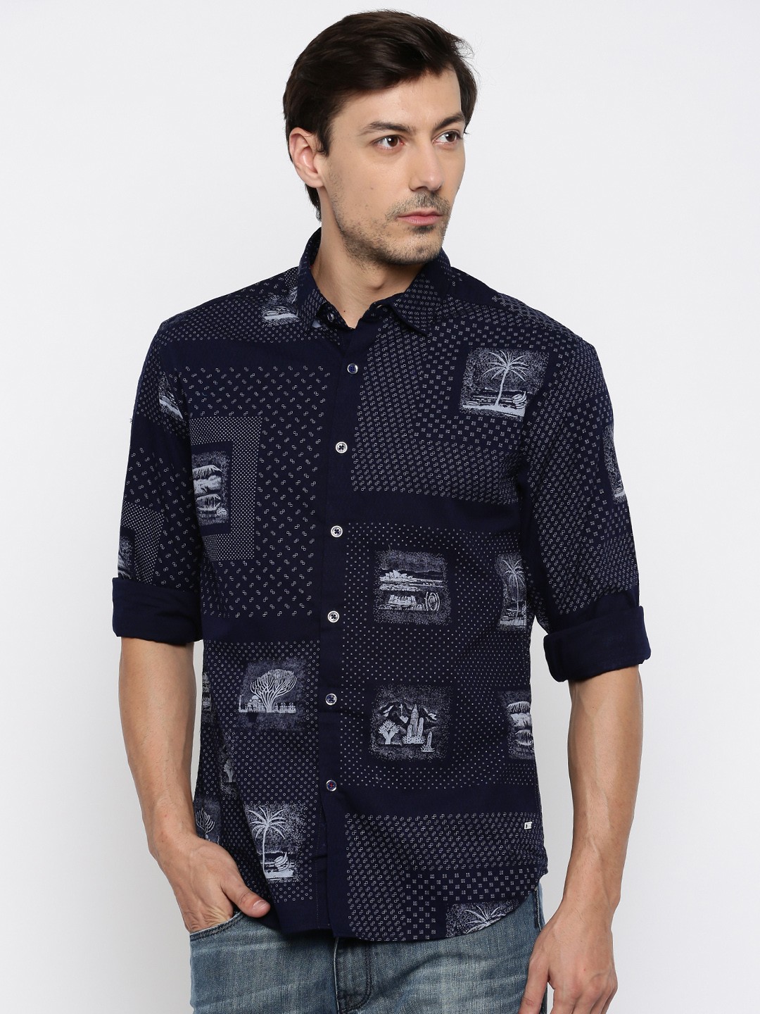 

Locomotive Navy Printed Slim Fit Casual Shirt, Navy blue