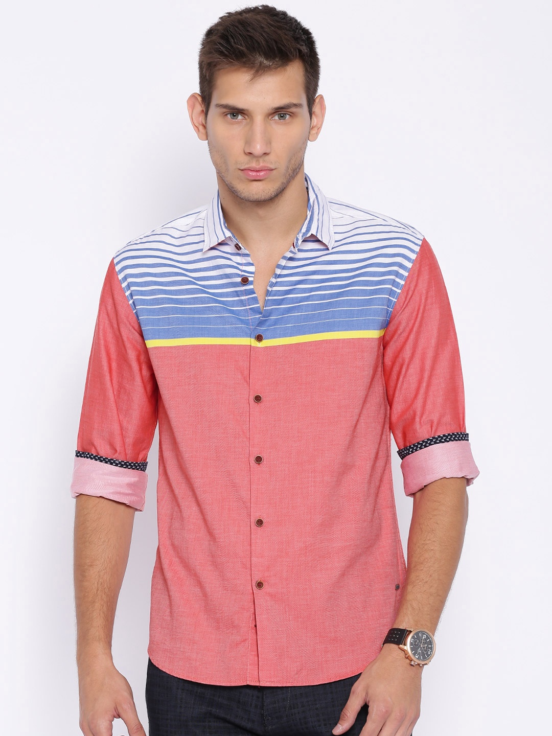 

Locomotive Coral Red & Blue Striped Casual Shirt