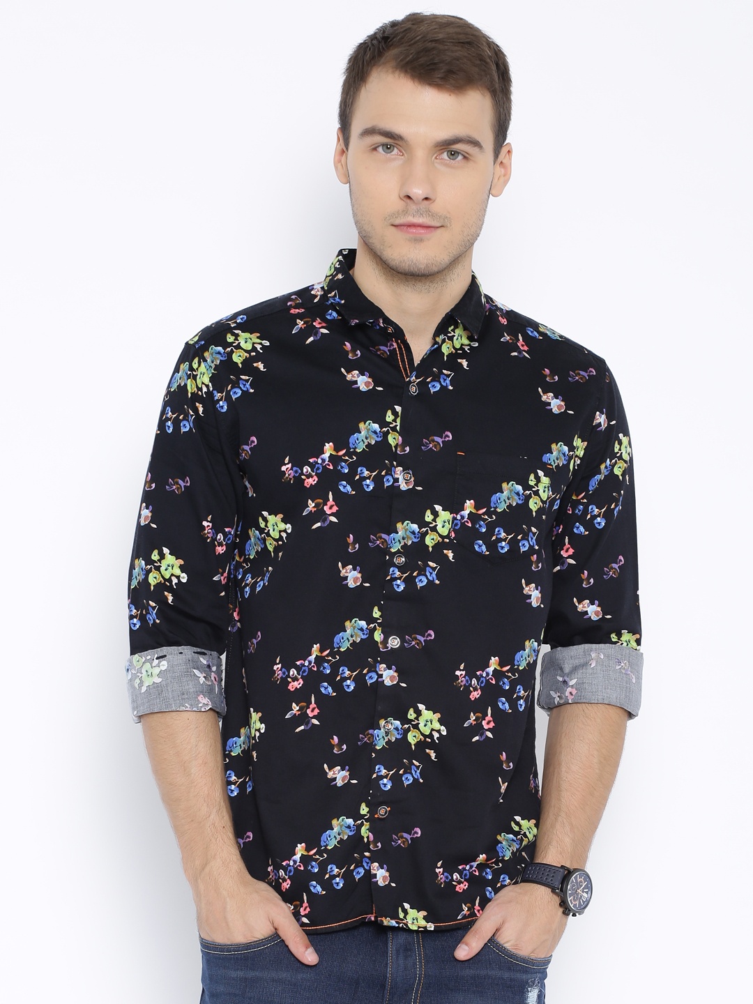 

Locomotive Black Floral Print Slim Fit Casual Shirt