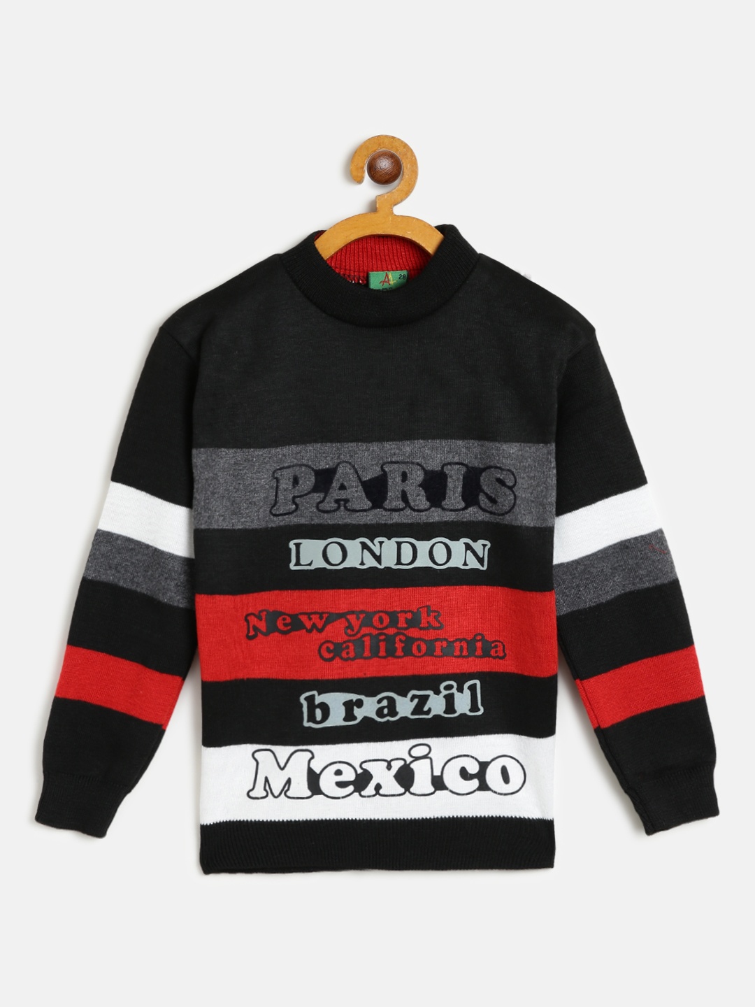 

AD & AV Boys Black & Red Woollen Typography Print & Striped Pullover