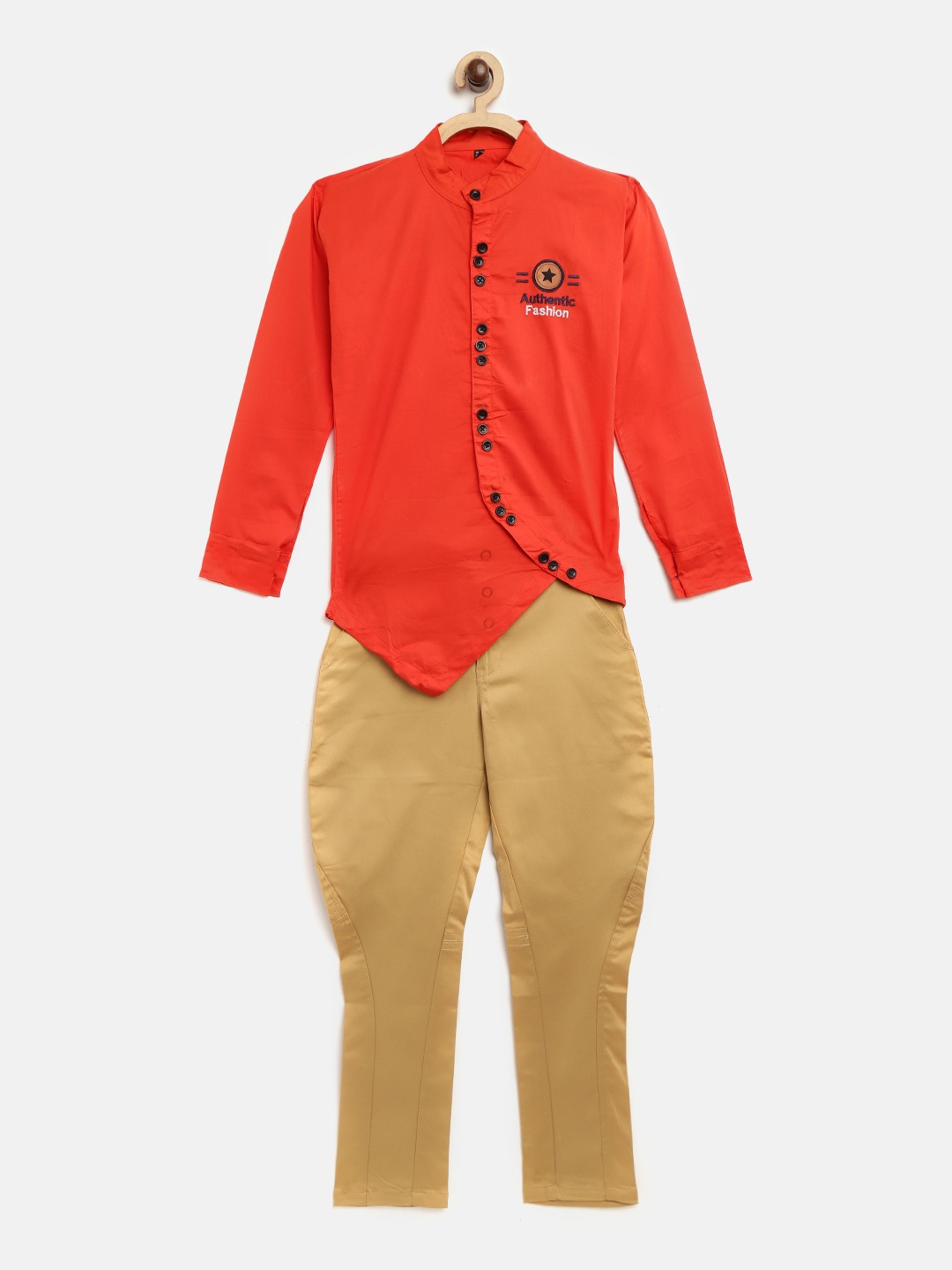 

AD & AV Boys Coral Red & Khaki Solid Asymmetric Shirt with Trousers