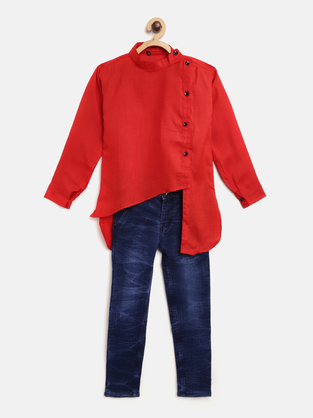 

AD & AV Boys Red & Navy Blue Solid Asymmetric Angrakha Kurta with Jeans