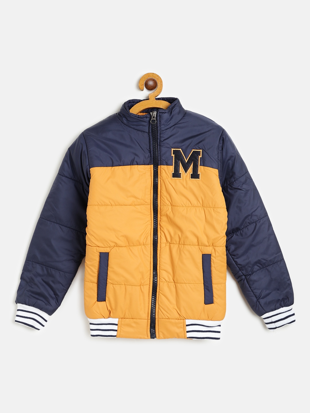 

AD & AV Boys Mustard Yellow & Navy Blue Colourblocked Bomber Jacket
