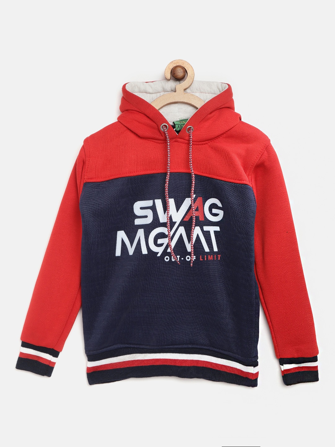 

AD & AV Boys Red & Navy Blue Printed & Colourblocked Hooded Sweatshirt