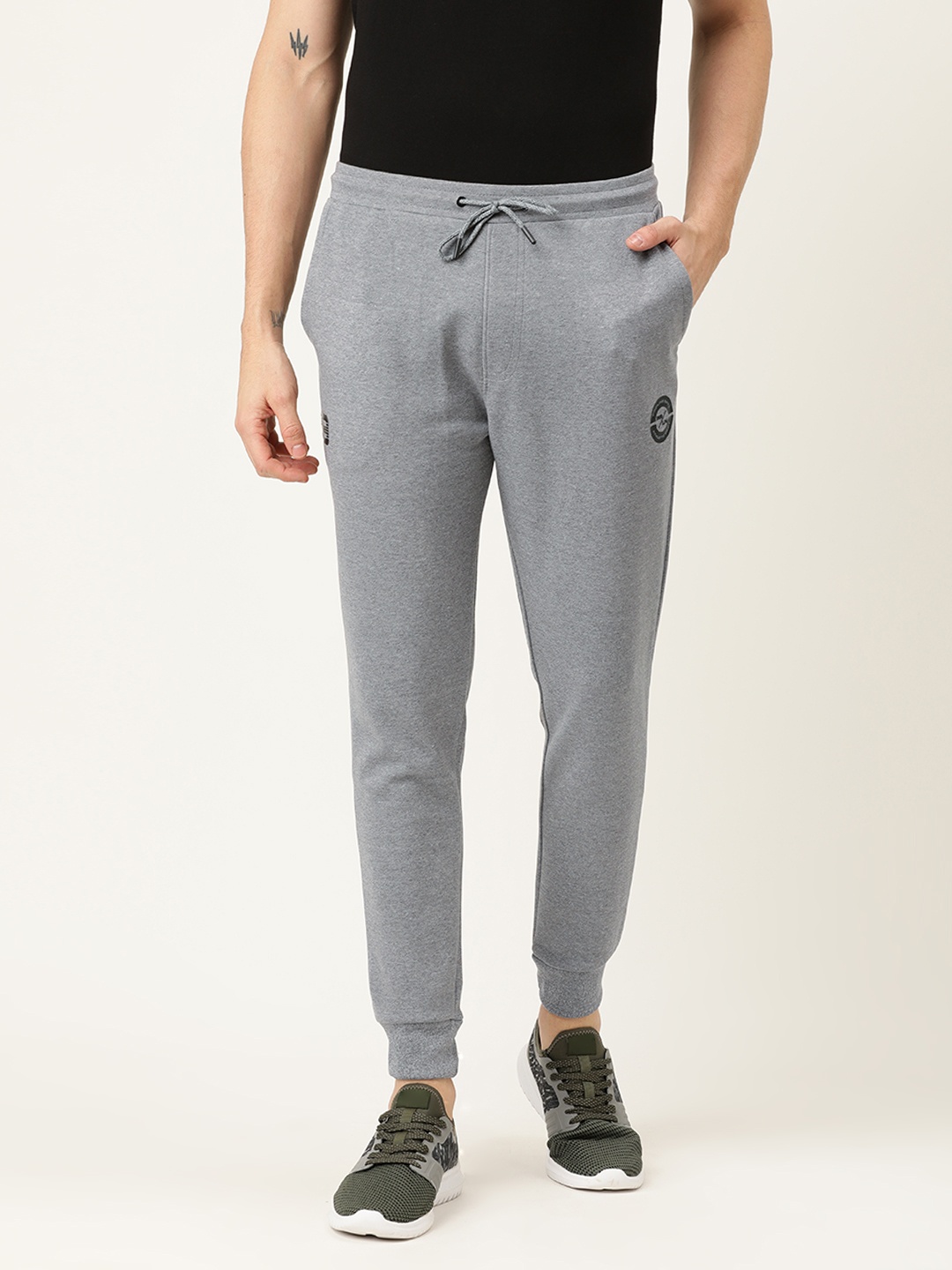 

Proline Active Men Grey Melange Solid Slim Fit Joggers with Print Detail