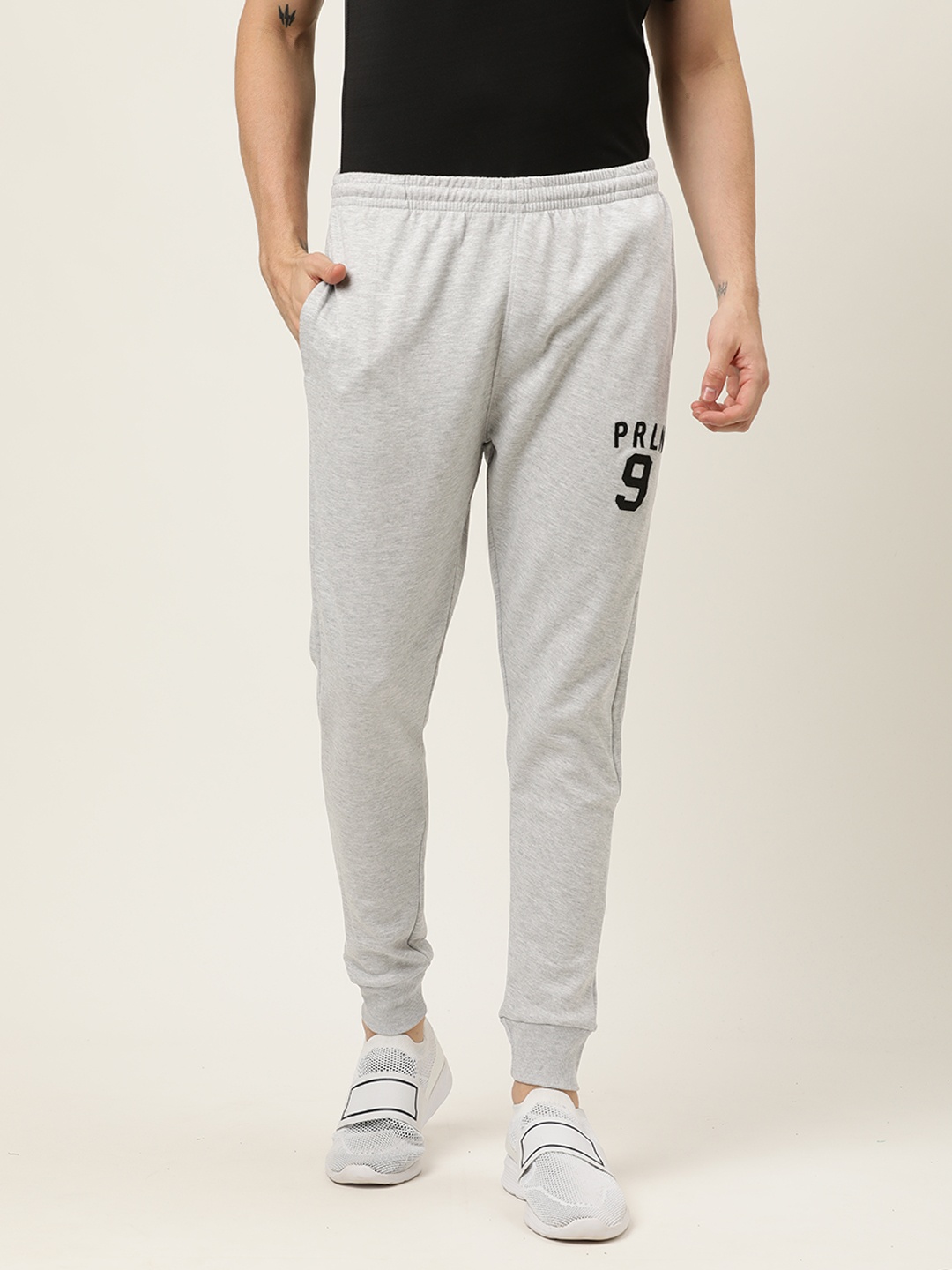 

Proline Active Men Grey Melange Solid Slim Fit Knitted Joggers With Embroidered Detail