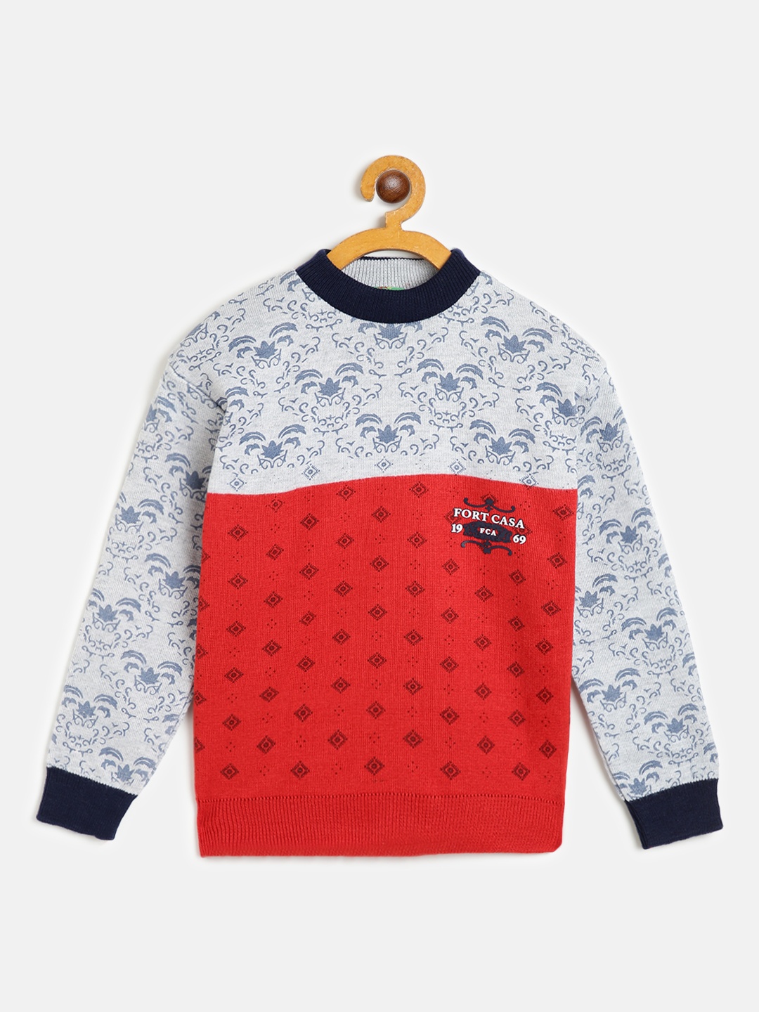 

AD & AV Boys Red & Grey Melange Woollen Geometric Print Pullover