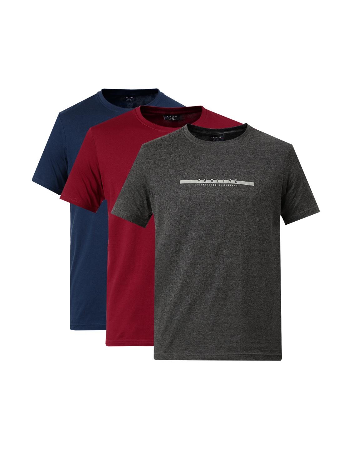 

Proline Active Men Pack Of 3 Charcoal Grey Maroon Solid Round Neck Pure Cotton T-shirt