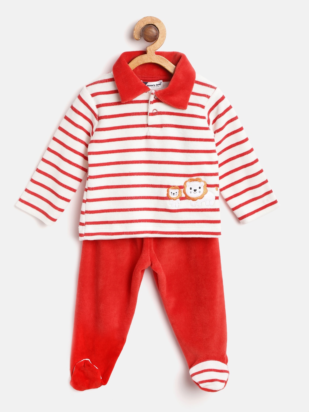 

Moms Love Boys White & Red Striped Pure Cotton Velvet Finish Clothing Set