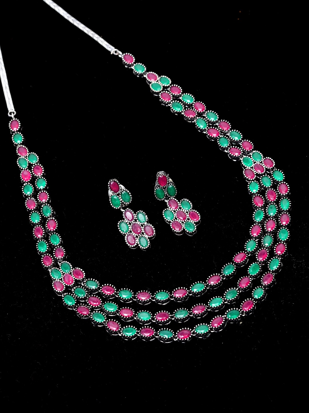 

PANASH Oxidised Silver-Plated Pink & Green Stone-Studded Jewellery Set